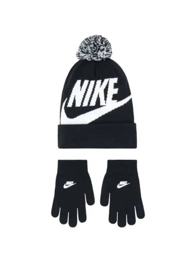 Nike Swoosh Ensemble 2 Pièces Bonnet Gants Noirs Blancs Enfants