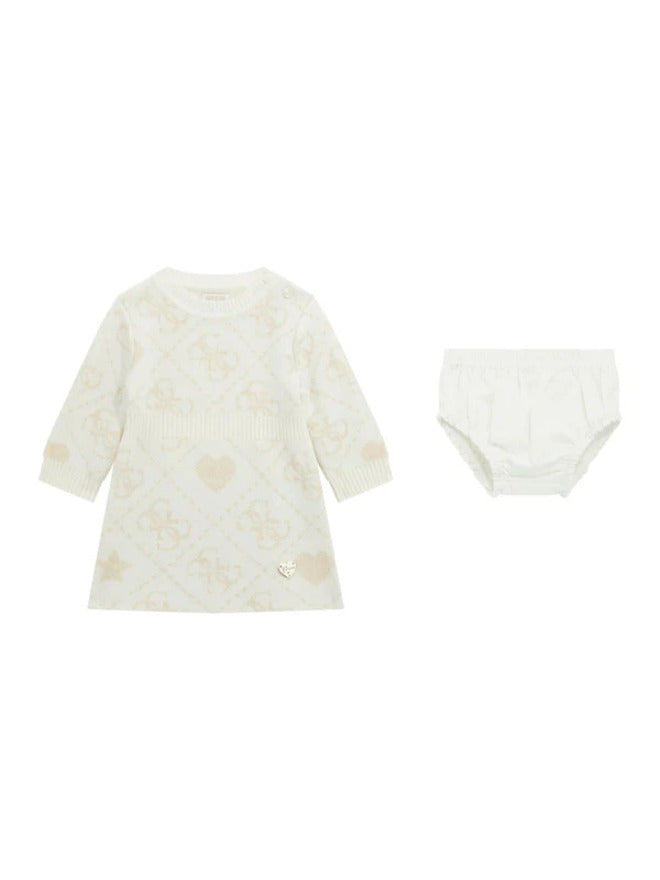 Guess Infant Completo 2 Pezzi Vestitino Piu Mutandine Bianco Logato Oro Bambina