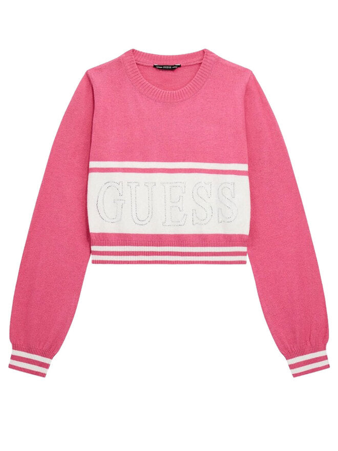 Guess Kids Pull à Col Rond Rose Blanc Fille