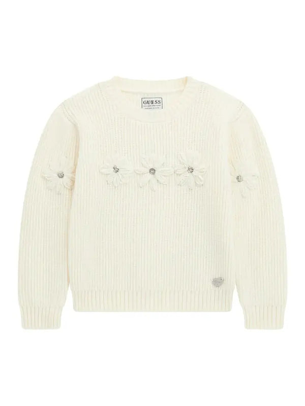 Guess Kids Pull col rond brodé blanc fille