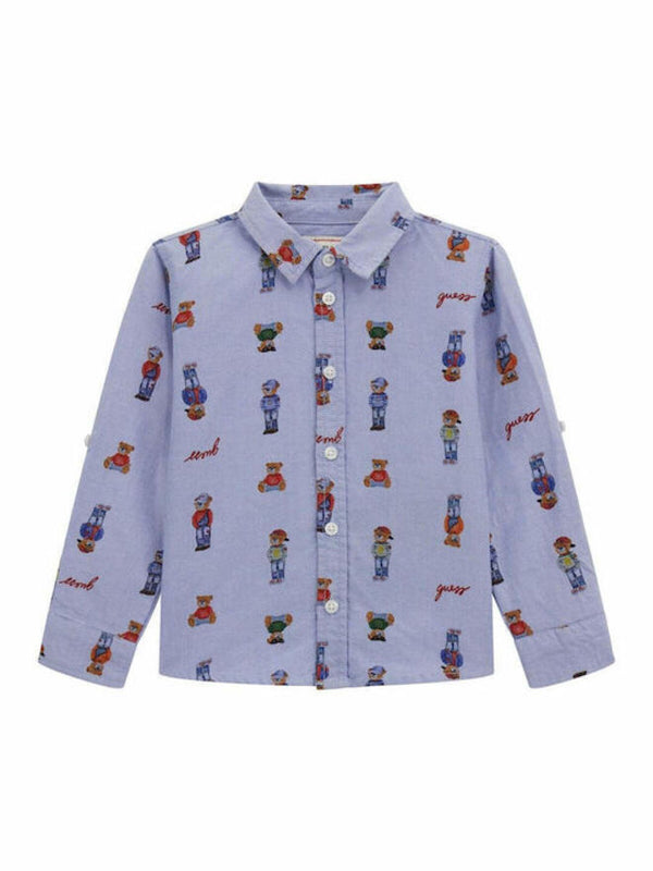 Guess Enfants Bébés Chemise Manches Longues Bleue Logotée Garçon