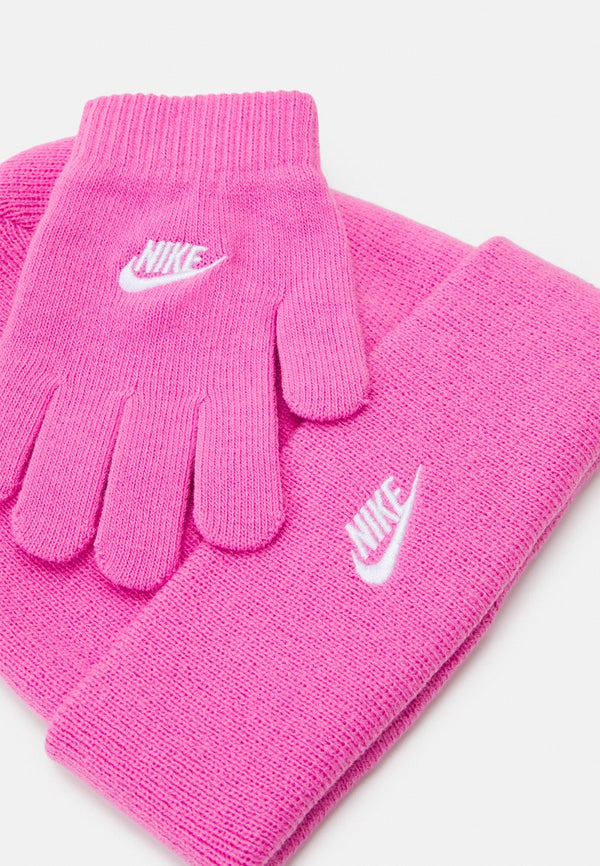 NIKE SET CAPPELLINO FUCSIA CON SCRITTA BIANCA RICAMATA, GUANTI FUCSIA