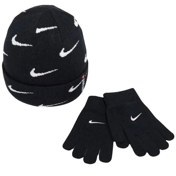 NIKE SET CAPPELLINO NERO CON SWACH BIANCHI, GUANTI NERI