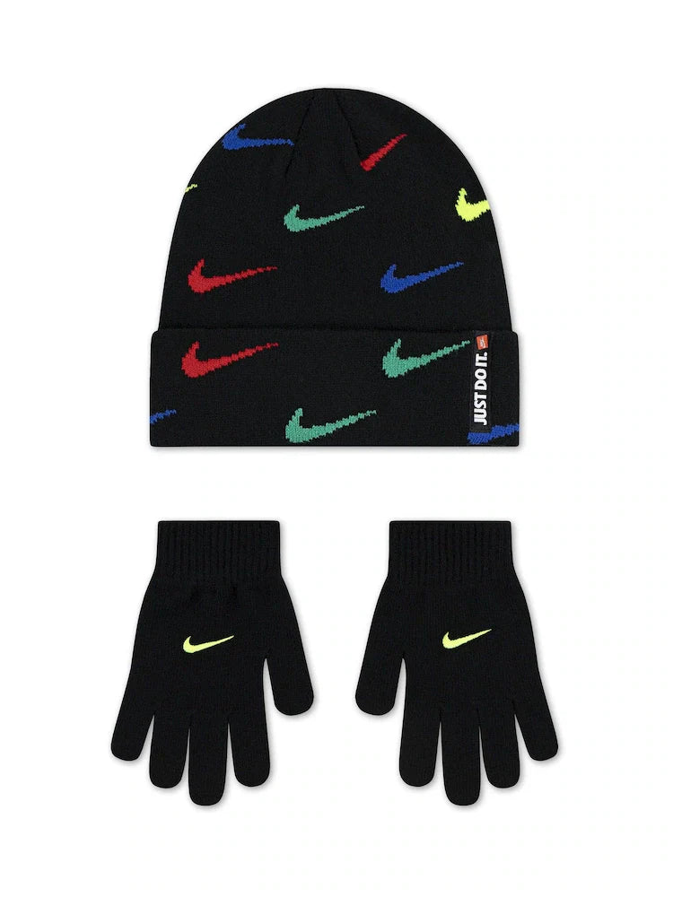 NIKE SET CAPPELLINO NERO CON SWACH COLORATI, GUANTI NERI