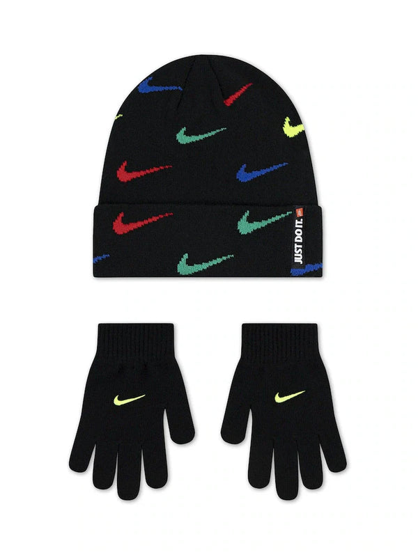 NIKE SET CAPPELLINO NERO CON SWACH COLORATI, GUANTI NERI