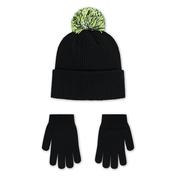 NIKE SET CAPPELLINO NERO CON PONPON COLORATO SCIRTTA BIANCA E SWACH GIALLO FLUO, GUANTI NERI