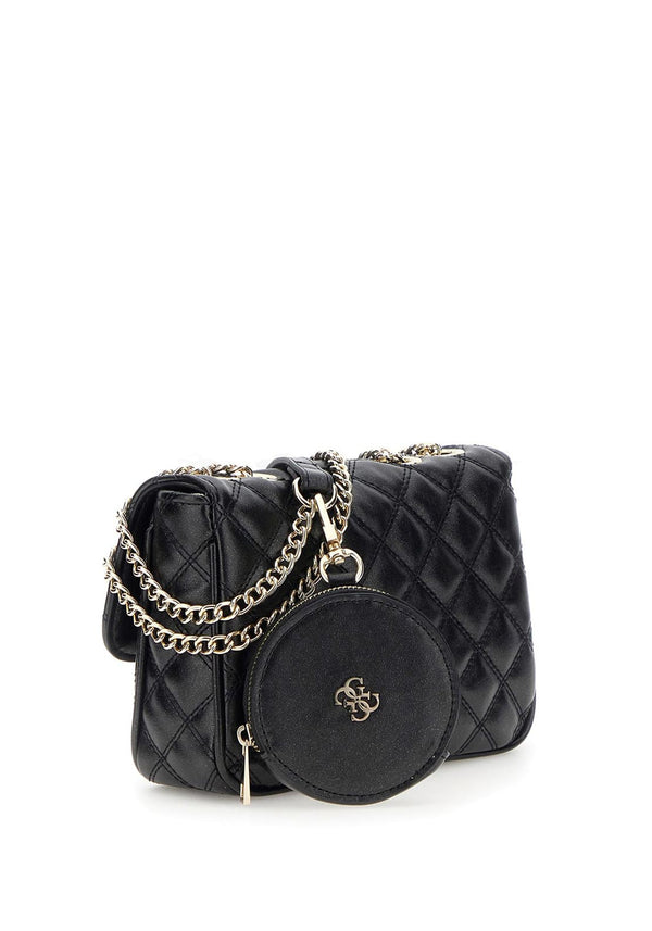 GUESS BORSETTA IN PELLE A TRACOLLA A CATENA ORO NERA TRAPUNTATA CHIUSURA CON BOTTONE DETTAGLI ORO, PORTA MONETE NERO