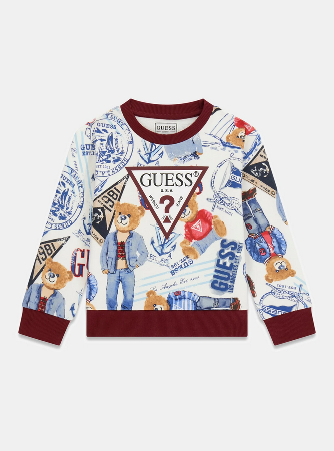 GUESS FELPINA GARZATA BEIGE CON STAMPE COLORATE LOGO CENTRALE BORDEAUX E POLSINI BORDEAUX