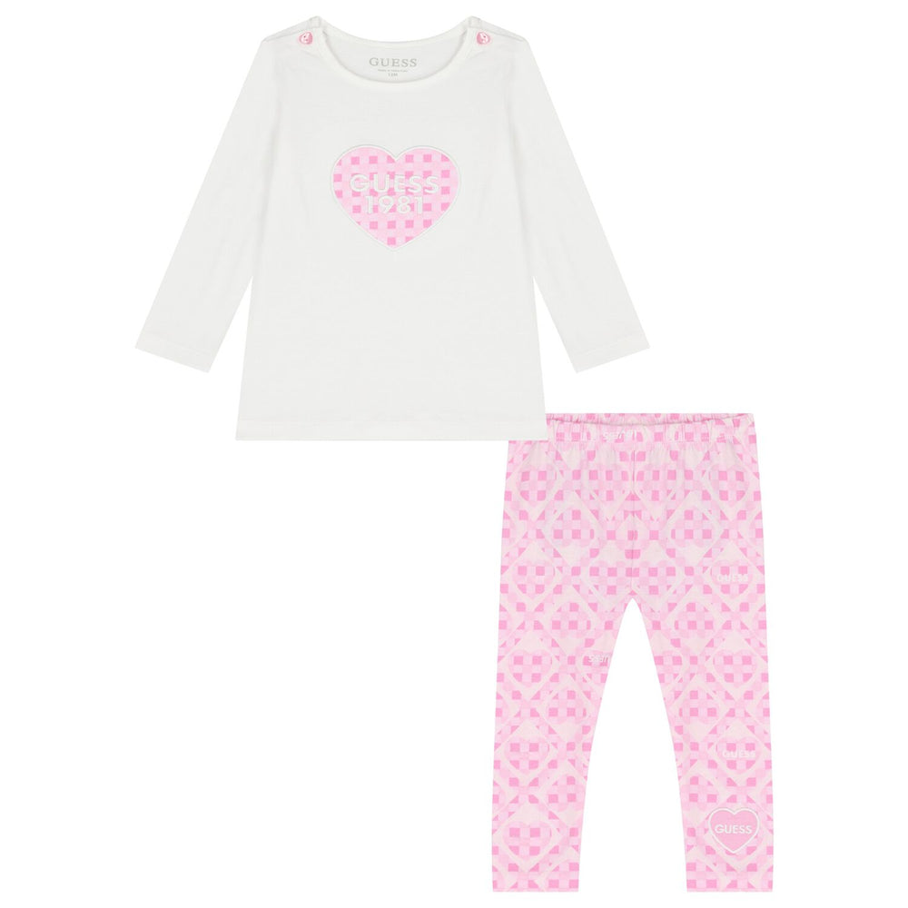 GUESS ENSEMBLE 2 PIÈCES T-SHIRT MANCHES LONGUES BLANC AVEC PETIT CŒUR ROSE, LEGGINGS ROSE À CŒURS