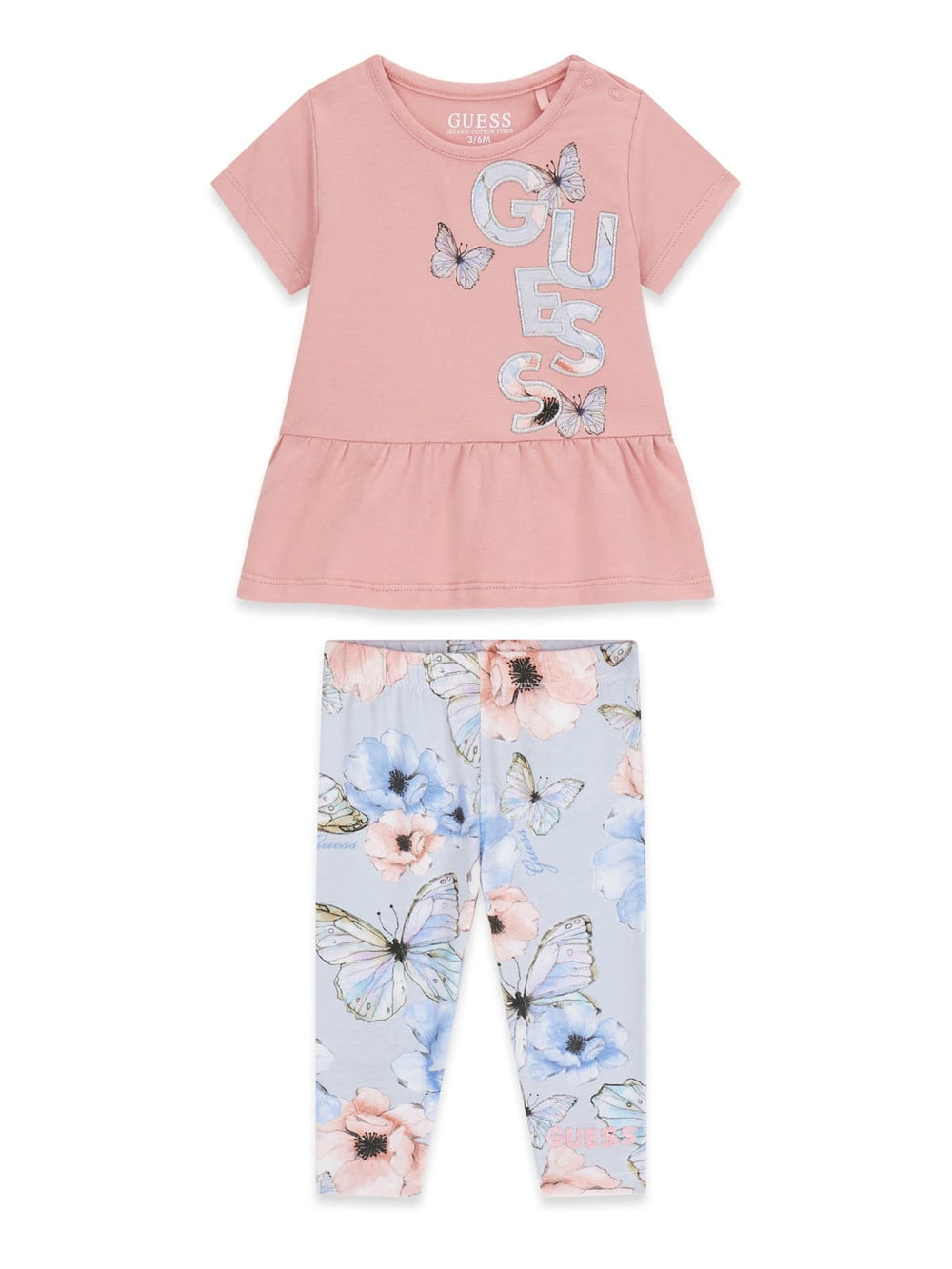 GUESS 2 PIÈCES ROBE ROSE IMPRIMÉ FLEURS, LEGGING BLEU CIEL À FLEURS