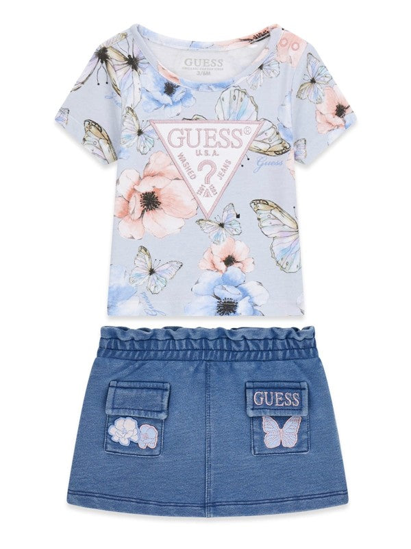 GUESS 2 PIÈCES T-SHIRT MANCHES COURTES BLEU CIEL FLEURI ET LOGO ROSE ET BLANC, JUPE EN JEAN DOUCE ET CULOTTE