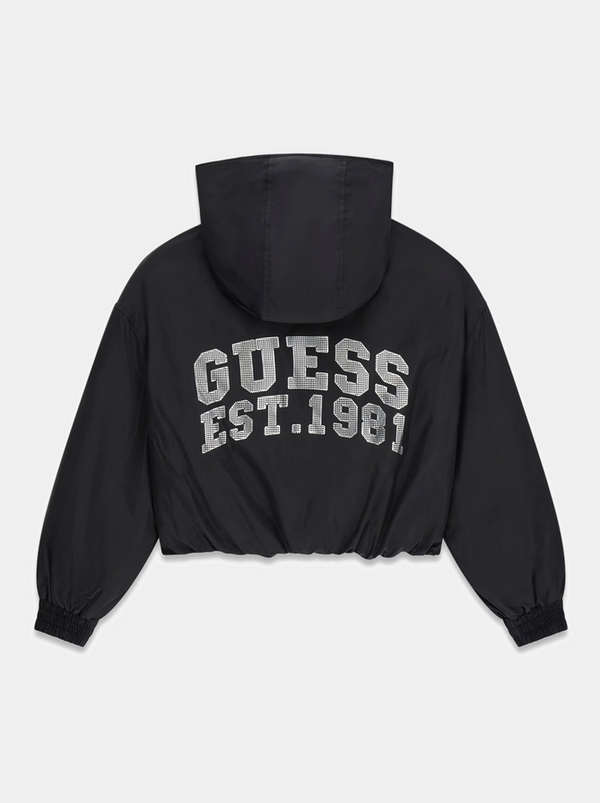 GUESS BOMBERINO NERO CHIUSURA CON ZIP E BOTTONI, INTERNI ROSA CON CAPPUCCIO E TASCHE SCRITTA ARGENTA DIETRO