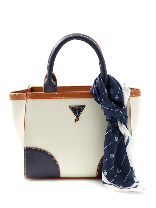 GUESS BORSA A TRACOLLA CON MANICI BEIGE COLOR CUOI E BLU, DETTAGLI INORO, FOULARD BIANCO E BLU