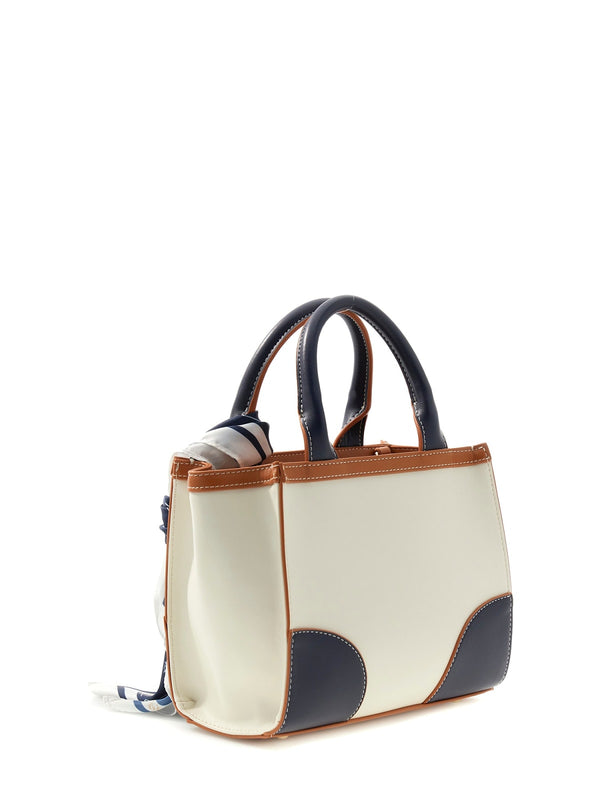 GUESS BORSA A TRACOLLA CON MANICI BEIGE COLOR CUOI E BLU, DETTAGLI INORO, FOULARD BIANCO E BLU