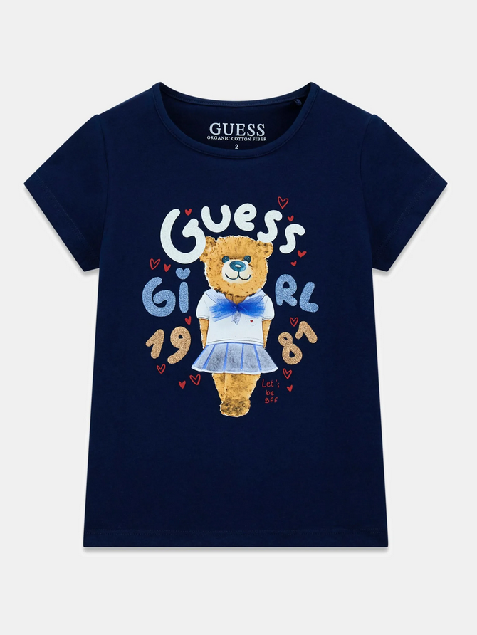 GUESS T-SHIRT MANCHES COURTES BLEU NUIT INSCRIPTION PAILLETÉE ET OURS