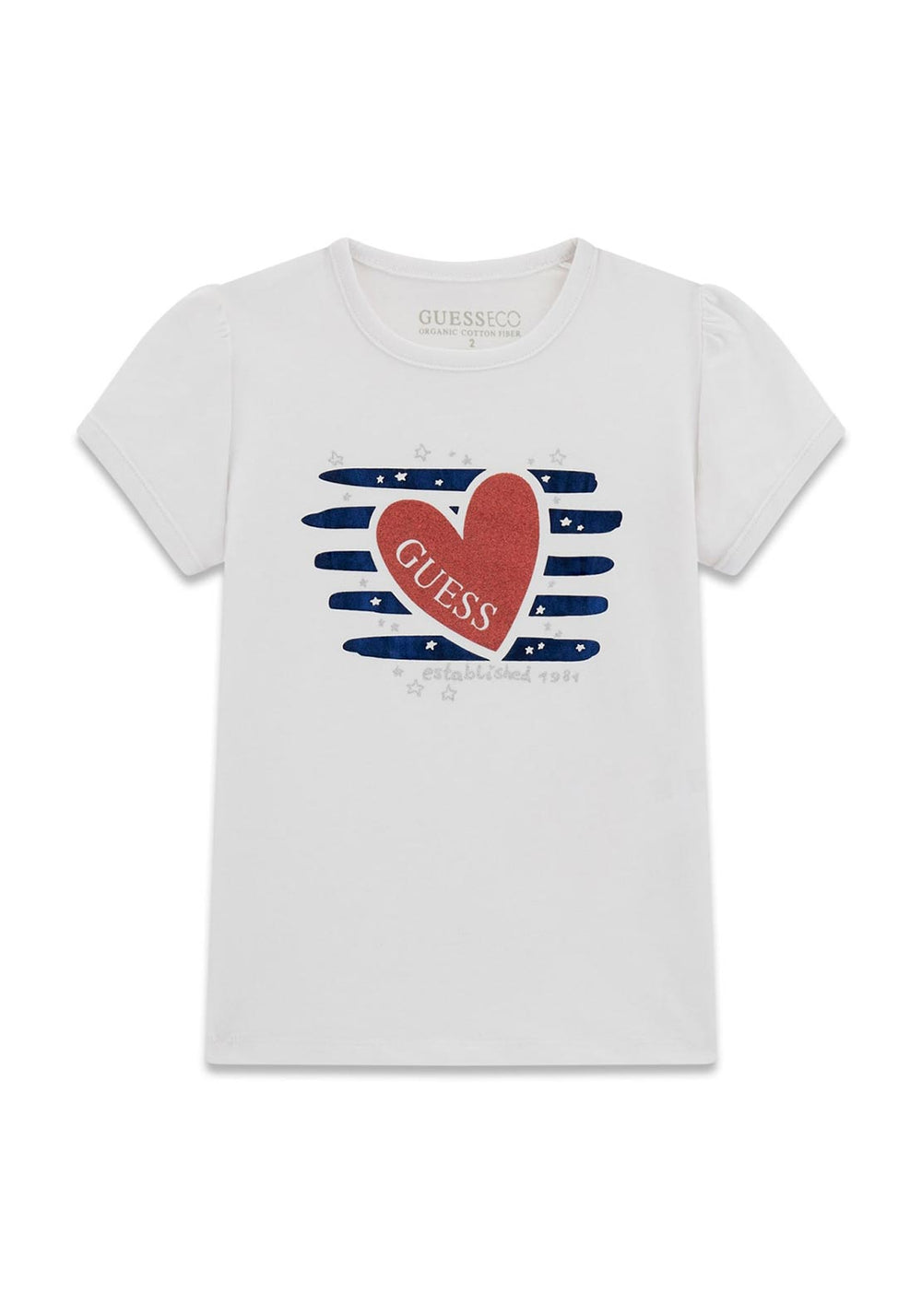 GUESS T-SHIRT MANICA CORTA BIANCA CON CUORICINO ROSSO BRILLANTINATO STRISCE BLU ELETTRICO E STELLINE BIANCHE