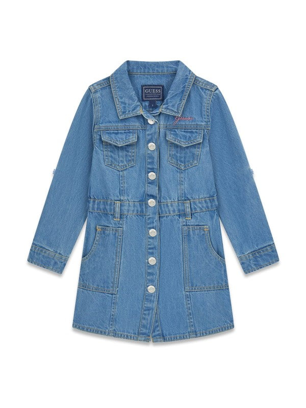 GUESS ROBE EN JEAN MANCHES LONGUES FERMETURE BOUTONNÉE, PETITE INSCRIPTION FUCHSIA BRODÉE