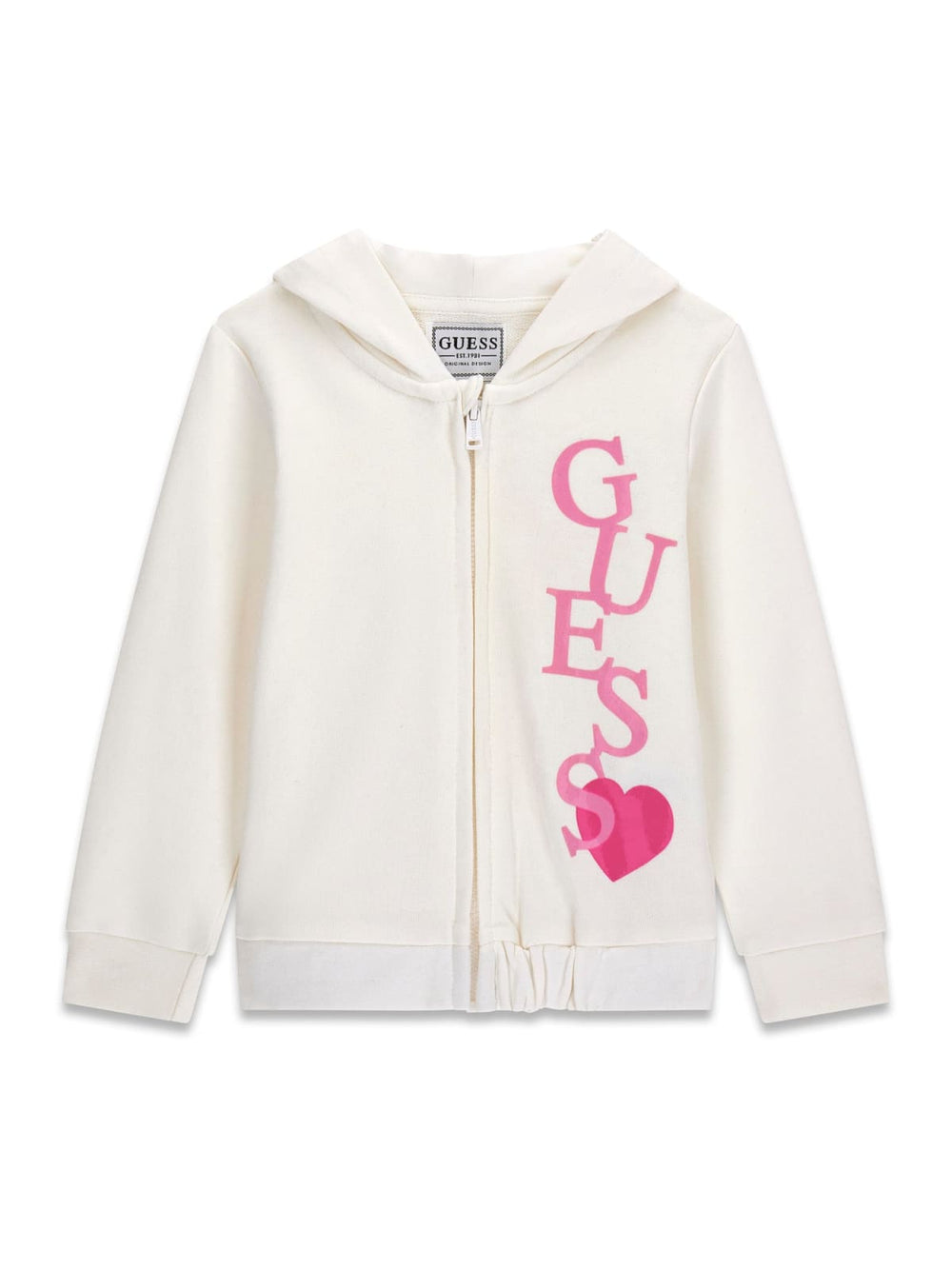 GUESS SWEAT ZIPPÉ EN MOLLETON GRATTÉ AVEC CAPUCHE COULEUR CRÈME AVEC LETTRES ROSES ET CŒUR FUCHSIA, ÉLASTIQUE À LA TAILLE