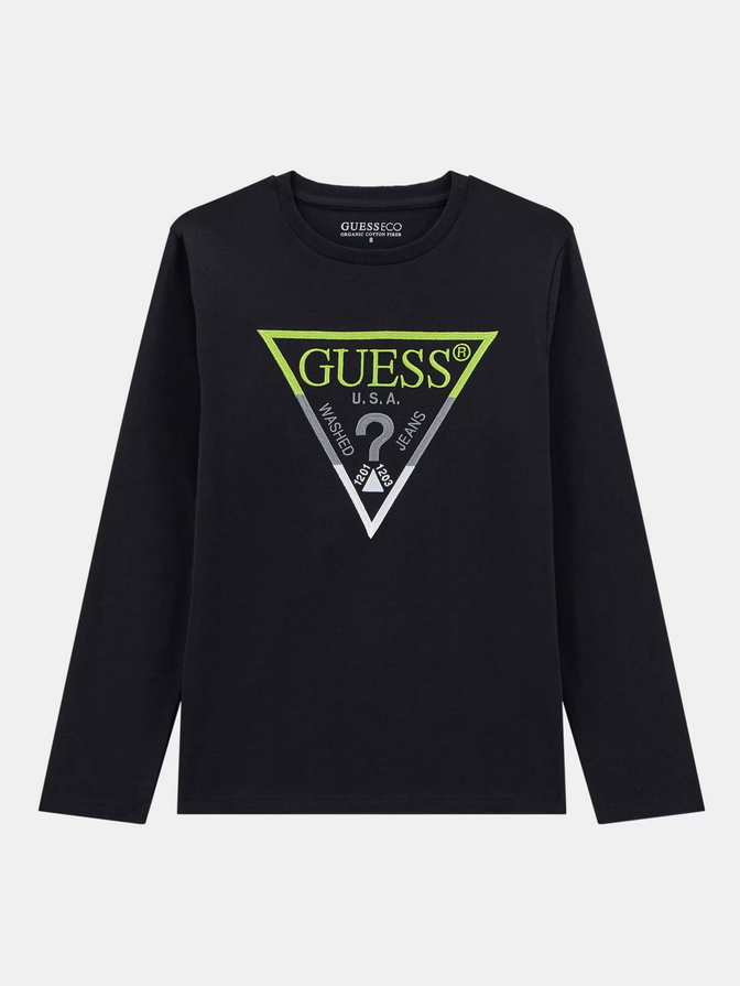 Guess Kids T-shirt Manches Longues Noire avec logo imprimé Enfants Garçons