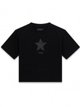 Guess T-Shirt Bambina Manica Corta Nera Crop Con Stella Centrale E Scritta Piccola Ricamata