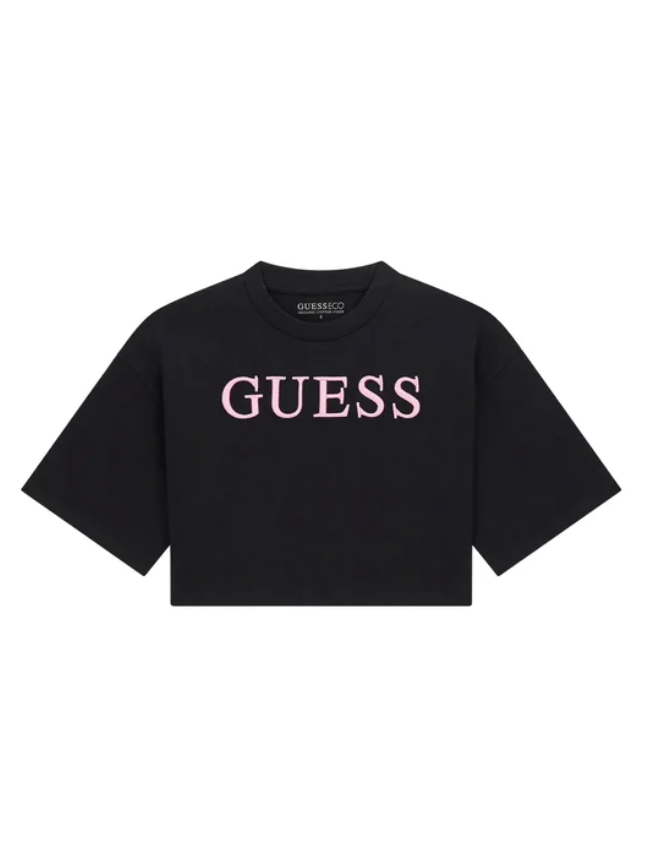 Guess T-Shirt Enfant Fille Manches Courtes Noire avec Inscription Fuchsia Brodé