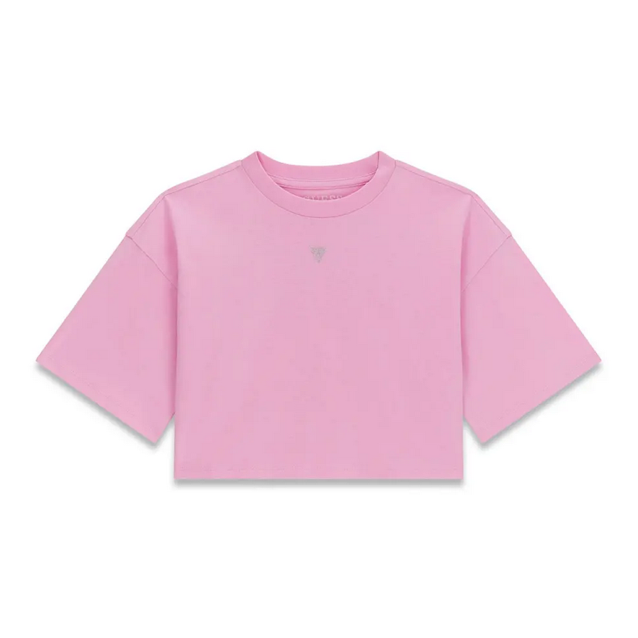 Guess T-shirt Fille Manches Courtes Rose Crop Avec Logo Strass Central Et Écriture Strass Au Dos