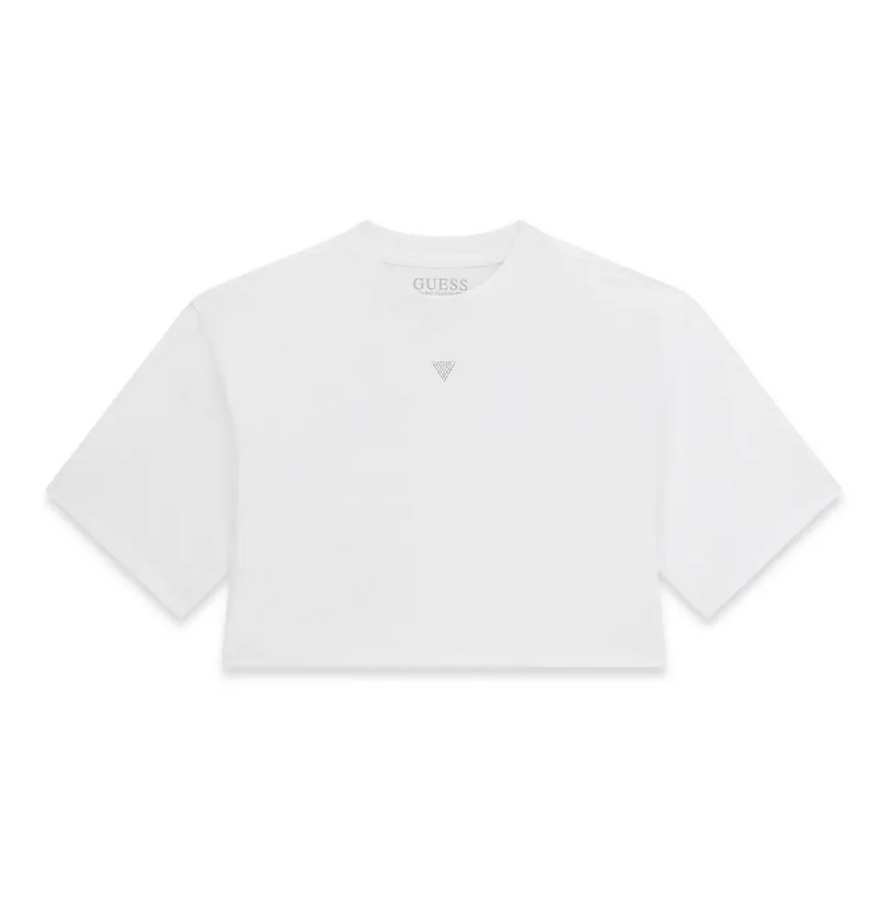 Guess T-Shirt Enfant Fille Manches Courtes Blanche Avec Logo Strass Central Et Inscription Strass Au Dos