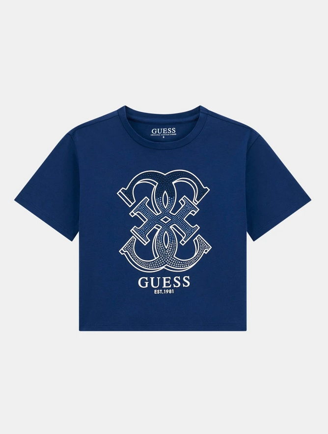 Guess T-Shirt Bambina Manica Corta Blu Con G Disegnate A Strass Blu, Argento E Celesti
