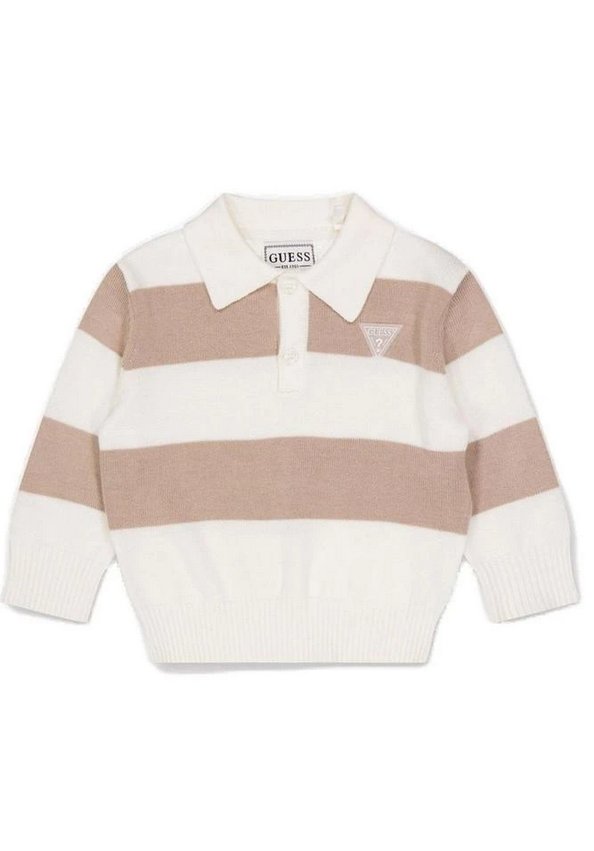 Guess Golfino / Polo Manches Longues Rayé Crème Et Café Avec Petit Logo