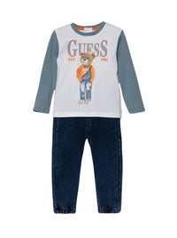 Guess Ensemble Complet 2 Pièces T-shirt Jean Blanc Bleu Denim Enfant — immagine 1