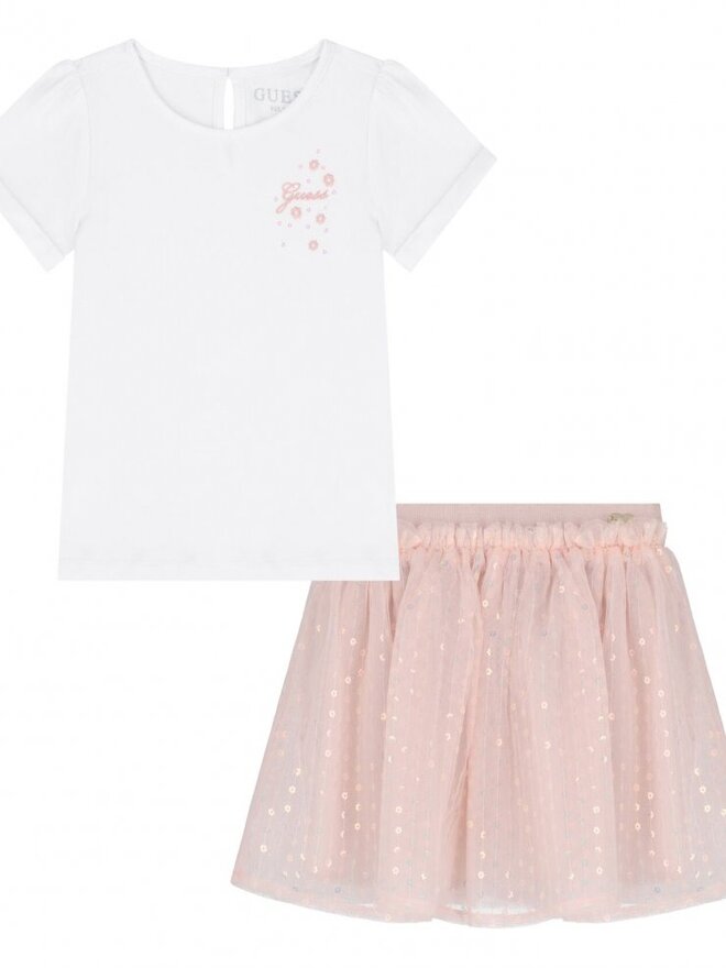 Guess Ensemble T-Shirt Jupe Blanc Rose Fille