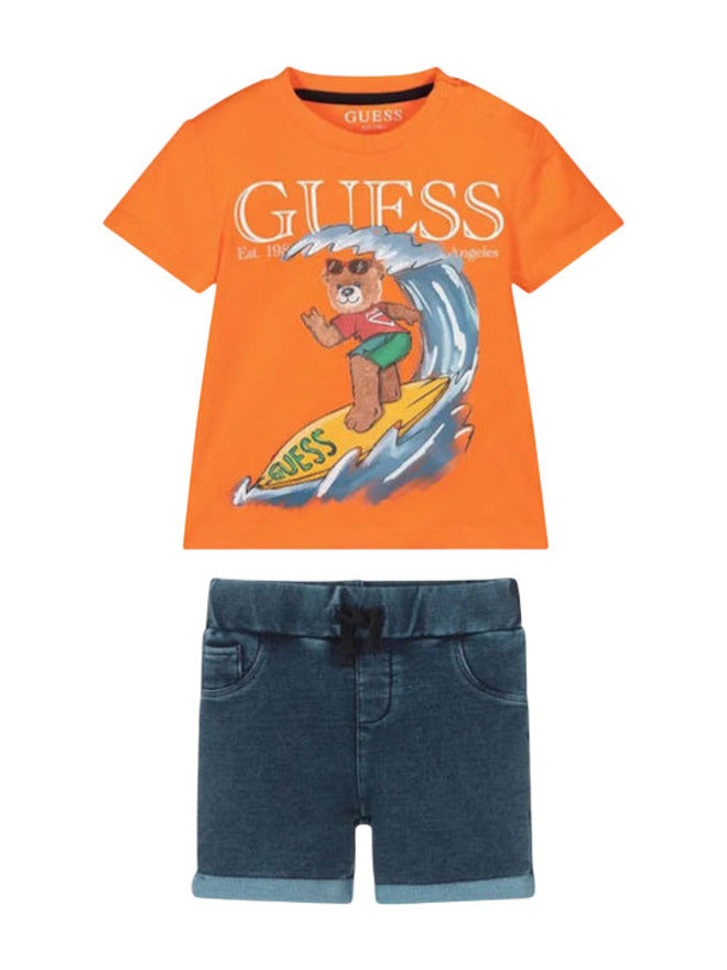 Guess Kids Ensemble T-shirt Short Orange Bleu Denim Enfant
