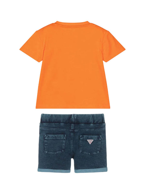 Guess Kids Completo T-Shirt Pantaloncini Arancione Blu Denim Bambino