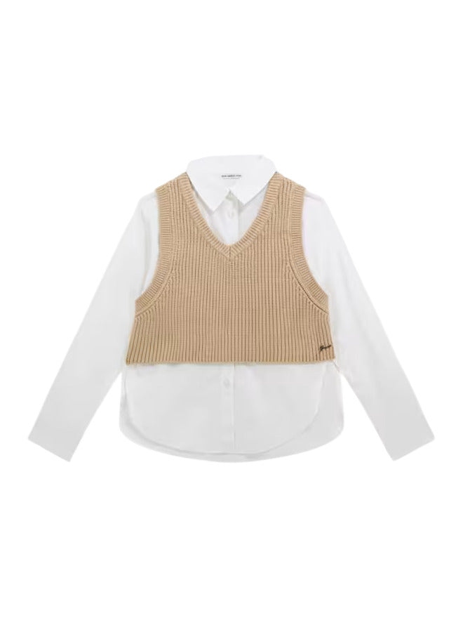 Guess Kids Ensemble 2 pièces Pull Chemise Beige Blanc Fille