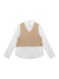 Guess Kids Ensemble 2 pièces Pull Chemise Beige Blanc Fille — immagine 1