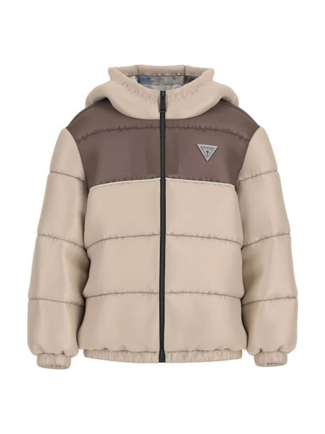 Guess Kids Giubbotto Trapuntato Con Cappuccio Beige Marrone Bambini Ragazzi