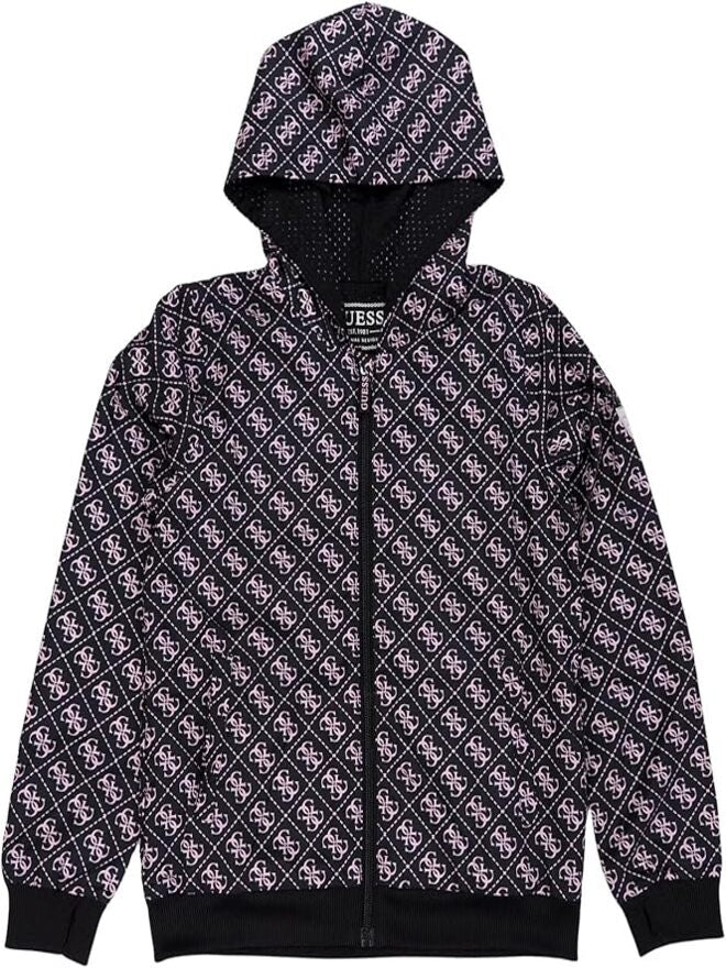 Guess Kids Giacca a Vento Con Cappuccio Nero Rosa Bambina