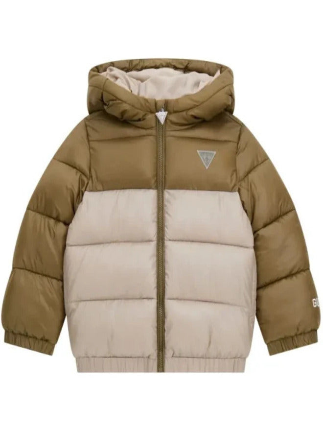 Guess Giubbotto Con Cappuccio Verde Beige Bambini