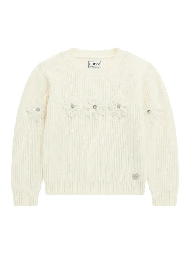 Guess Kids Pull col rond brodé blanc fille