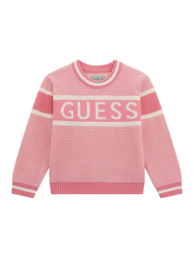 Guess Kids Pull à Col Rond Rose Blanc Fille