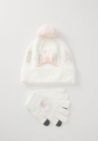 ENSEMBLE JORDAN BONNET CRÈME AVEC POMPON ROSE ET GRAND LOGO ROSE, GANTS CRÈME AVEC LOGO ROSE ET DEUX DOIGTS TACTILES — immagine 1
