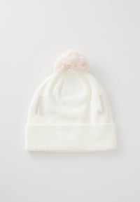 ENSEMBLE JORDAN BONNET CRÈME AVEC POMPON ROSE ET GRAND LOGO ROSE, GANTS CRÈME AVEC LOGO ROSE ET DEUX DOIGTS TACTILES — immagine 2