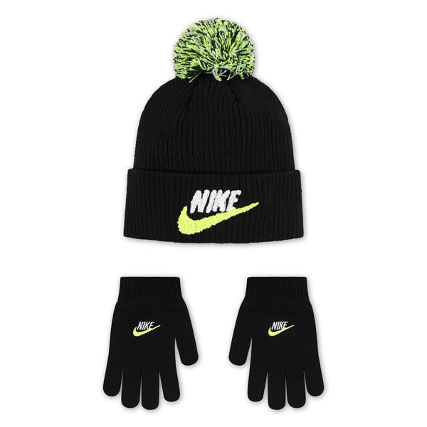 NIKE SET CAPPELLINO NERO CON PONPON COLORATO SCIRTTA BIANCA E SWACH GIALLO FLUO, GUANTI NERI