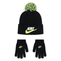 NIKE SET CAPPELLINO NERO CON PONPON COLORATO SCIRTTA BIANCA E SWACH GIALLO FLUO, GUANTI NERI — immagine 1