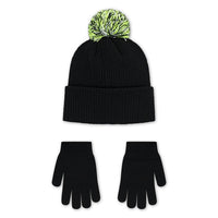 NIKE SET CAPPELLINO NERO CON PONPON COLORATO SCIRTTA BIANCA E SWACH GIALLO FLUO, GUANTI NERI — immagine 2