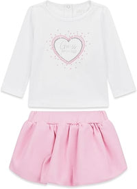 GUESS ENSEMBLE 2 PIÈCES : TEE-SHIRT BLANC MANCHES LONGUES AVEC INSCRIPTION ARGENTÉE ET STRASS, PETITE JUPE ROSE AVEC CULOTTE INTÉGRÉE — immagine 1