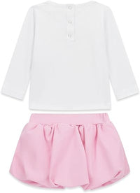 GUESS ENSEMBLE 2 PIÈCES : TEE-SHIRT BLANC MANCHES LONGUES AVEC INSCRIPTION ARGENTÉE ET STRASS, PETITE JUPE ROSE AVEC CULOTTE INTÉGRÉE — immagine 2