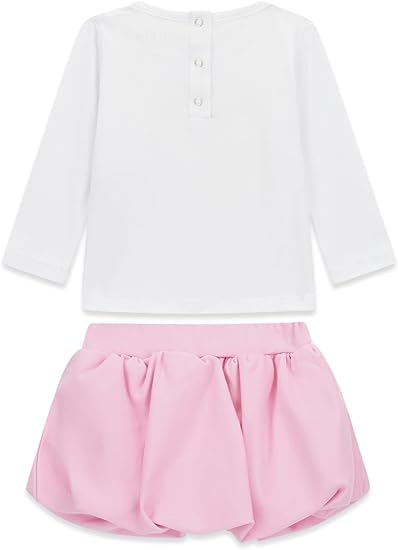 GUESS 2 PEZZI MAGLIETTINA BIANCA A MANICHE LUNGHE CON SCRITTA ARGENTO E STRASS, GONNELLINA ROSA CON MUTANDINA