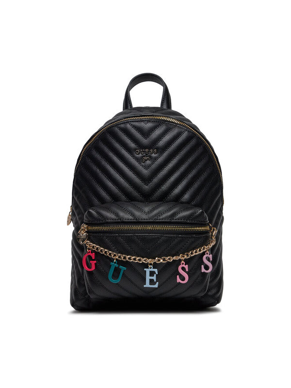 GUESS ZAINETTO NERO IN PELLE DOPPIA TASCA CON ZIP CATENA CON LETTERE COLORATE IN BASSO E DETTAGLI ORO
