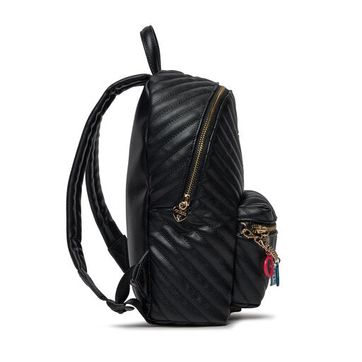 GUESS ZAINETTO NERO IN PELLE DOPPIA TASCA CON ZIP CATENA CON LETTERE COLORATE IN BASSO E DETTAGLI ORO